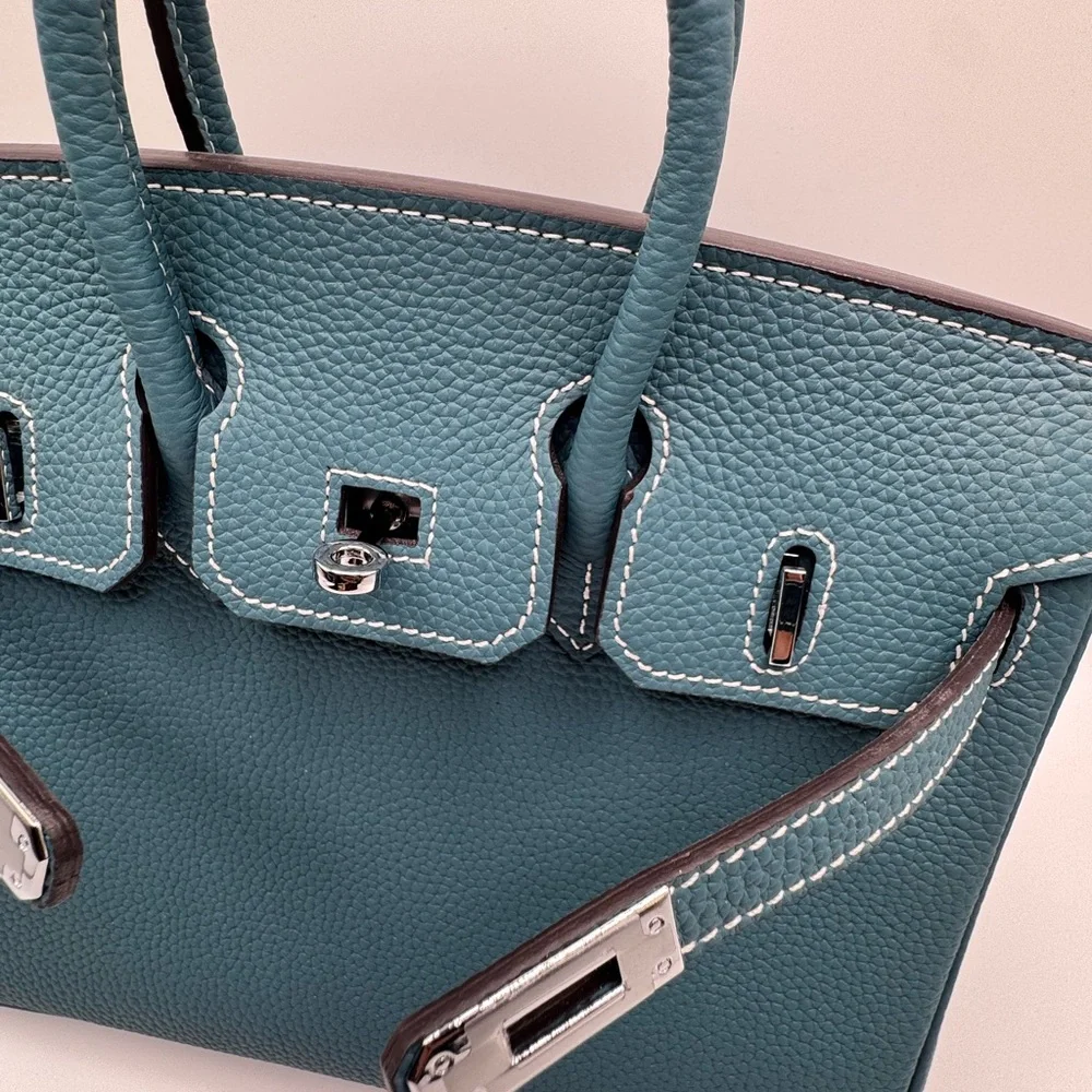 25CM Classic Togo Leather Top Handle Satchel Bag - Peacock Blue - Picture 7 of 12